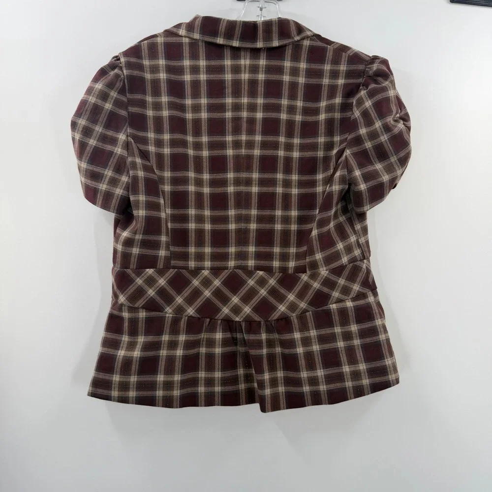 Stooshy Womens Plaid Y2K Short Sleeve Blazer Burgundy Brown Metallic Gold Large - Picture 2 of 12
